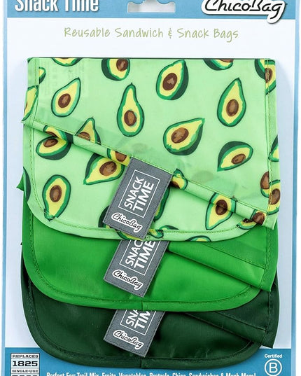 ChicoBag Snack Time rePETe Reusable Sandwich Bags w/Secure Hook & Loop | Perfect for Sandwiches & Snacks | Eco-Conscious Baggies | Easy to Clean | Avocado Pattern (Pack of 3)