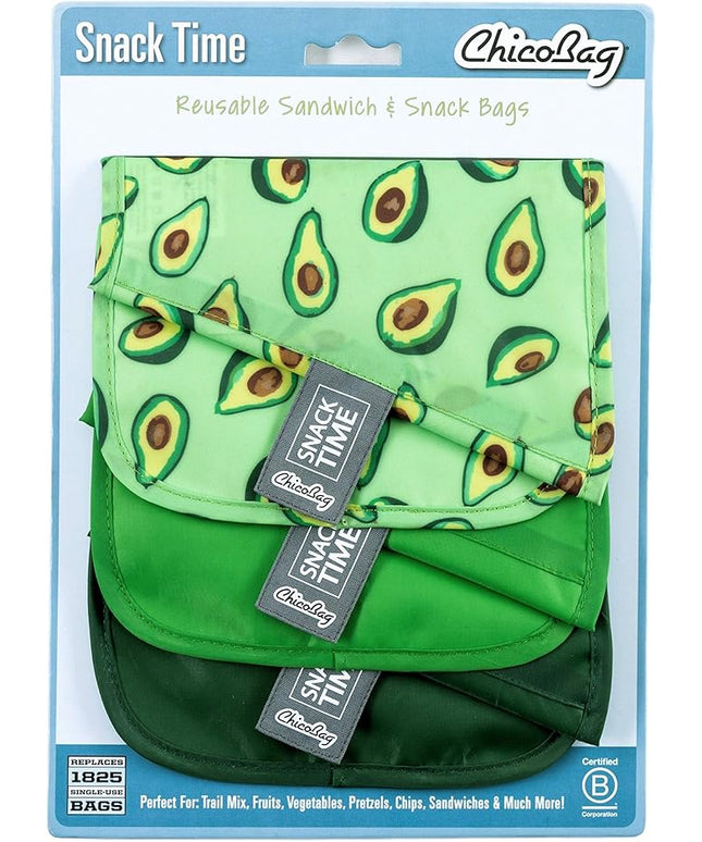 ChicoBag Snack Time rePETe Reusable Sandwich Bags w/Secure Hook & Loop | Perfect for Sandwiches & Snacks | Eco-Conscious Baggies | Easy to Clean | Avocado Pattern (Pack of 3)