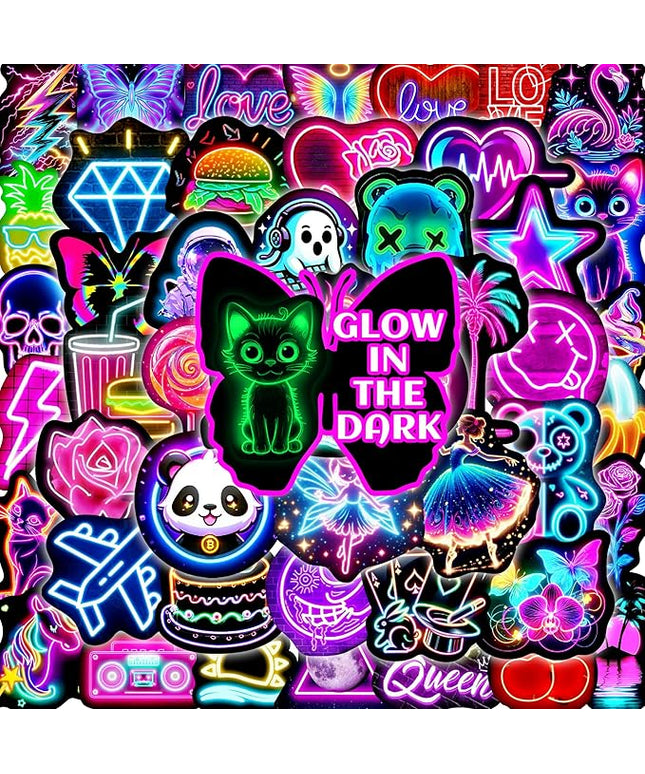 Glow in The Dark Neon Water Bottle Stickers for Kids, 70 Pcs Waterproof Vinyl Laptop Decals, Teens Girls Boys Adults Phone Case Skateboard Luggage Decor