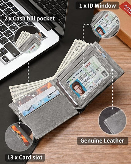 Artpaxy Mens Wallet Bifold Genuine Leather RFID Blocking Wallet for Men with 1 ID Windows 13 Card Holders 2 cash pockets 1 Gift Box