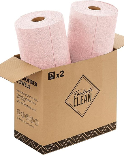 Fantasticlean Microfiber Cleaning Cloth Roll -150 Pack, Tear Away Microfiber Towels, 12" x 12", Reusable, Washable, Ultra Absorbent Dishcloth for All-Around Cleaning Supplies (2 Rolls of Pink)