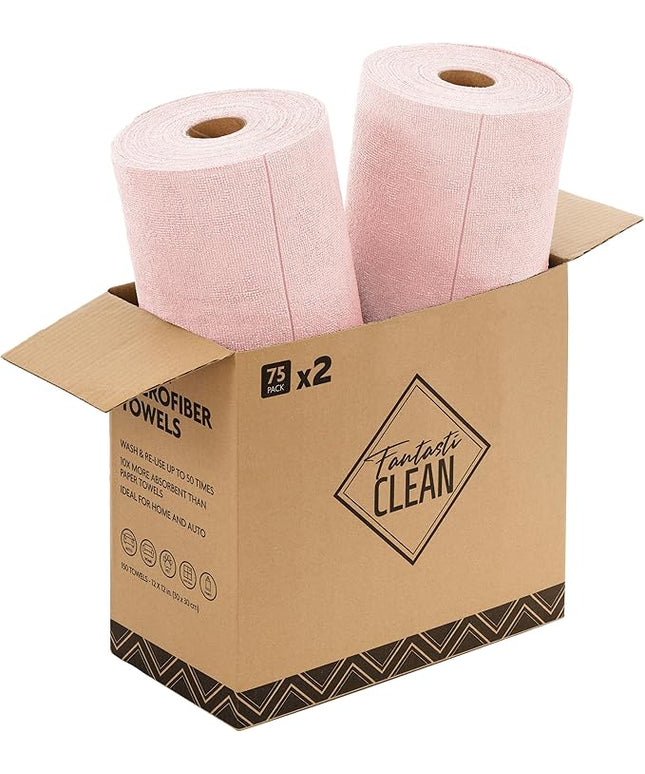 Fantasticlean Microfiber Cleaning Cloth Roll -150 Pack, Tear Away Microfiber Towels, 12" x 12", Reusable, Washable, Ultra Absorbent Dishcloth for All-Around Cleaning Supplies (2 Rolls of Pink)