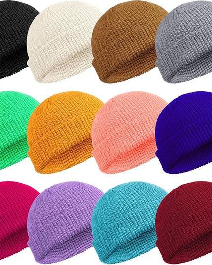 Geyoga 12 Pcs Trawler Beanie Hats for Men Fisherman Roll up Short Cuff Knit Beanie Bulk Winter Watch Cap for Men Women