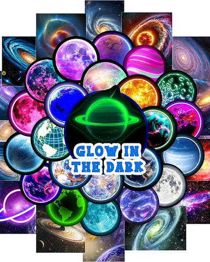 Glow in The Dark Neon Planets Water Bottle Stickers for Kids, 70 PCS Vinyl Space Waterproof Decals for Laptop Phone Case, Solar System Decor for Adults Kids Girls Boys