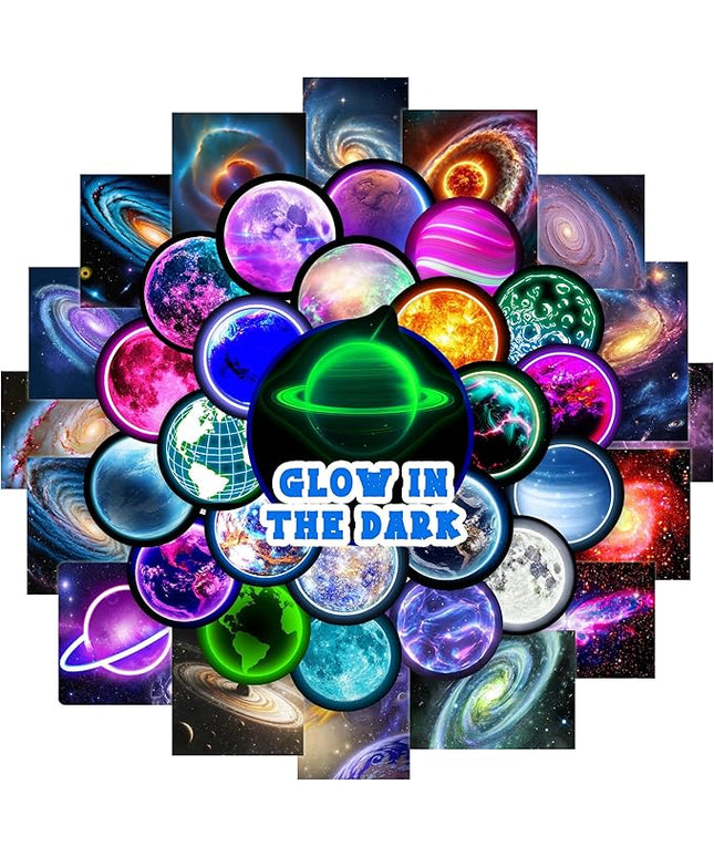 Glow in The Dark Neon Planets Water Bottle Stickers for Kids, 70 PCS Vinyl Space Waterproof Decals for Laptop Phone Case, Solar System Decor for Adults Kids Girls Boys