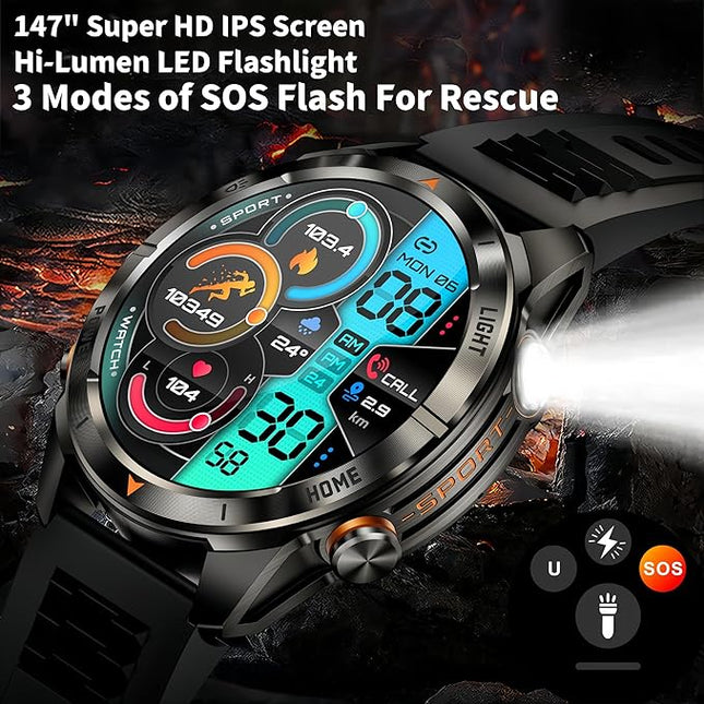 SEDSEY-1.47'' Smart Watch for Men Call & Answer,LED Flashlight,530mAh Battery & 5ATM Waterproof Track Heart Rate,Blood Oxygen Blood Pressure,Sleep of AI Accuracy–Perfect for Workout,Hiking,Swimming