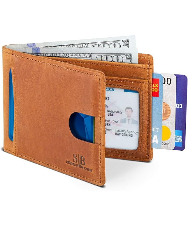 SERMAN BRANDS RFID Blocking Slim Bifold Genuine Leather Thin Minimalist Front Pocket Wallets for Men Billfold Wallet Men Gift