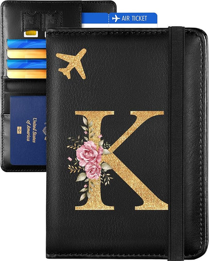 Slohif Initial Passport Holder Cover Wallet Case for Travel Women - Leather Letter Passport Book Family Multiple Personalized Organizer Slim Carrier Card Slots Protector Sleeve Essentials Black K