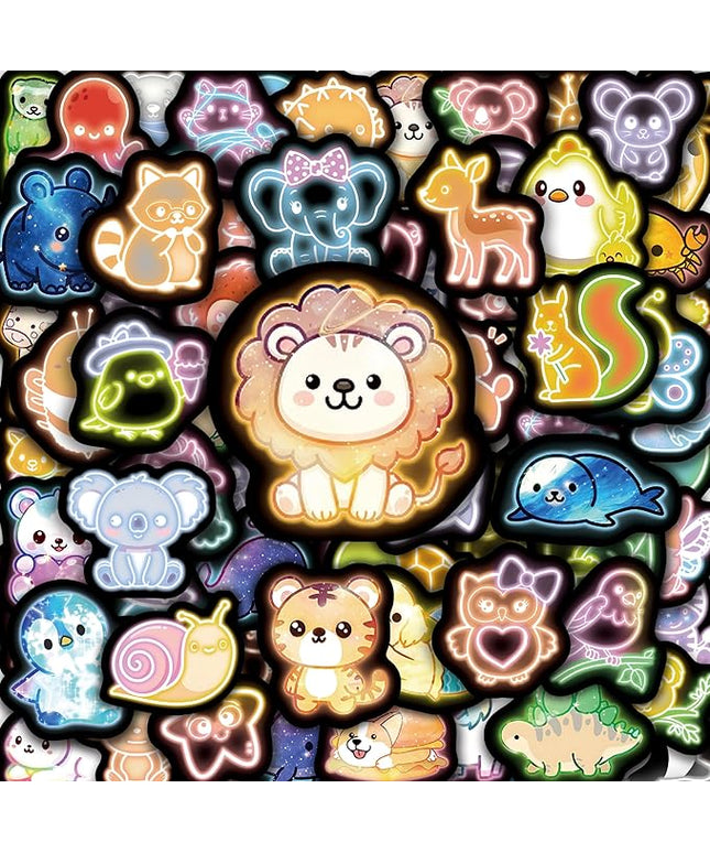 70 Pcs Cartoon Animal Water Bottle Stickers for Kids, Cute Neon Vinyl Laptop Decals, Teens Girls Boys Adults Phone Case Skateboard Luggage Decor