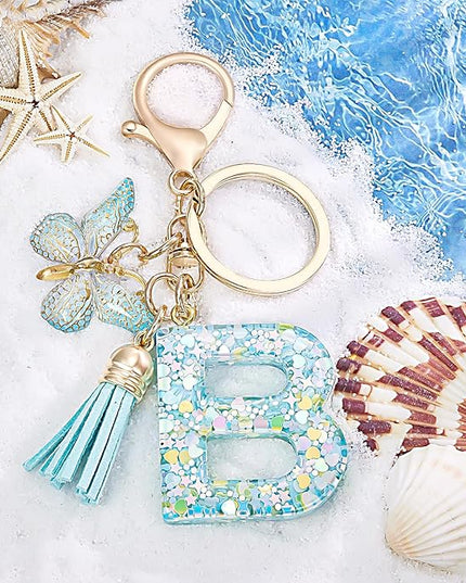 Fashion Alphabet Initial Letter Keychain Tassel Butterfly Pendant Key Ring for Purse Handbags Women Girl