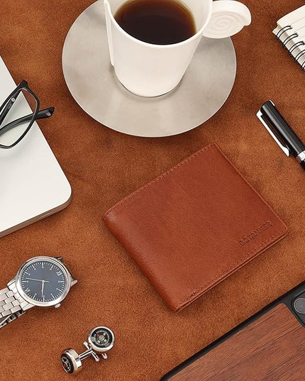 BOTANNER Mens Genuine Leather Bifold Wallet RFID Blocking 8 Credit Card Slots 2 Sections for Bills & 2 Additional Slots | Tan