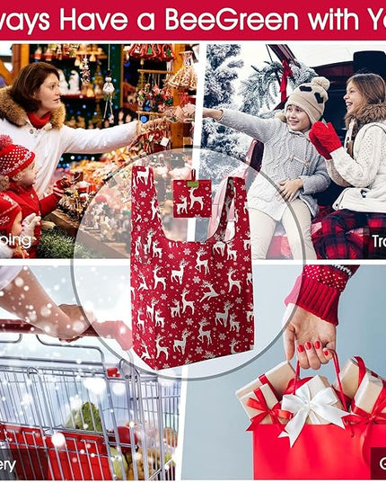 BeeGreen Christmas Reusable Grocery Bags with Zipper Storage Pouch 10 Packs Deer Reusable Shopping Bags Bulk with Elastic Band Foldable-Machine Washable Christmas Gifts Tote Bags