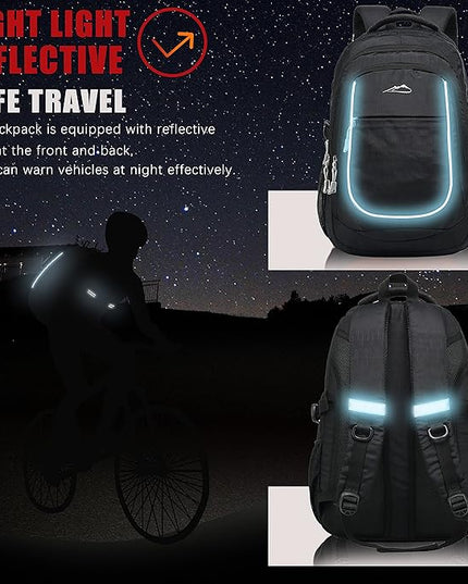 ProEtrade Backpack Bookbag for College Sturdy Travel Business Hiking Fit Laptop Up to 15.6 Inch Multi Compartment Gifts for Men Women Night Light Reflective (Black)
