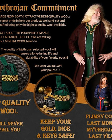 Mythrojan Drawstring Belt Pouch Renaissance Costume Accessories Medieval Woolen Celtic Embroidery Bag Jewelry Pouch Coin Purse for LARP, Festivals, Renfaire, Reenactments - Green, 8" x 6.5"