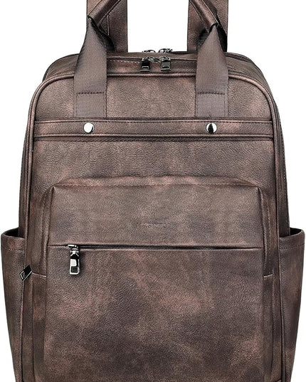 MASINTOR Leather Laptop Backpack for Women, Stylish Computer Backpack College Business Work Shoulder Bags Work and Travel Retro Coffee