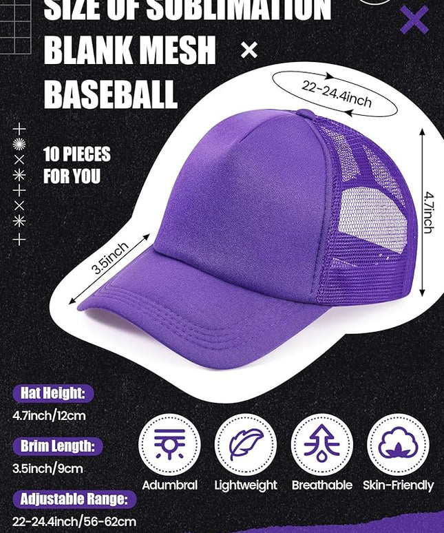 10 Pcs Sublimation Blank Trucker Hats Bulk Mesh Baseball Cap Polyester Mesh Trucker Hat for Men and Women