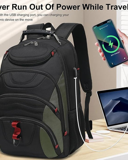 Boavan Laptop Backpack for men, 17.3 inch Laptop Bag with USB Port, Waterproof Travel Work Backpack Purse, Anti-Theft Teacher Nurse Doctor Casual Bookbags Office Business backpack，Black&Army Green