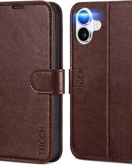 TUCCH Case Wallet for iPhone 16, Magnetic PU Leather Kickstand Flip Cover with 4 Card Slot Shockproof TPU Interior Shell, [RFID Blocking] Folio Case Compatible with iPhone 16 5G, Chocolate Brown
