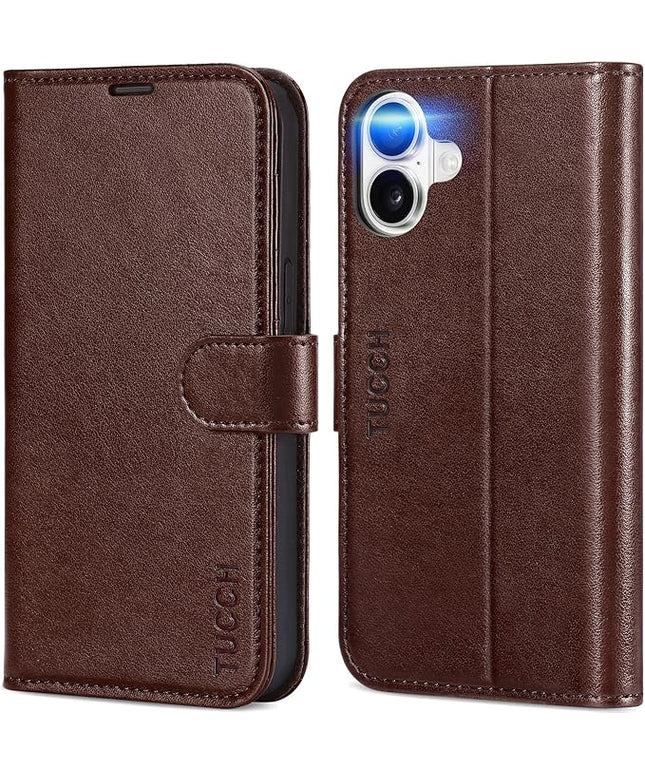 TUCCH Case Wallet for iPhone 16, Magnetic PU Leather Kickstand Flip Cover with 4 Card Slot Shockproof TPU Interior Shell, [RFID Blocking] Folio Case Compatible with iPhone 16 5G, Chocolate Brown