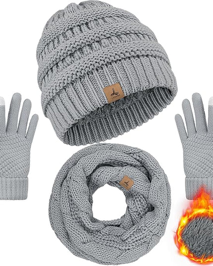 Winter Beanie Hat Scarf Gloves, Warm Fleece Knit Hats Touch Screen Gloves Neck Scarf Set Winter Gifts for Unisex Adult