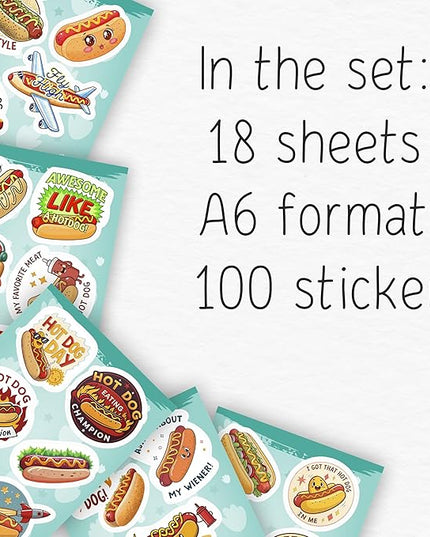 100Pcs Hot Dog Stickers Funny for Water Bottle - Hot Dog Party Decorations, Favors - Food Stickers - Gift for Women & Men