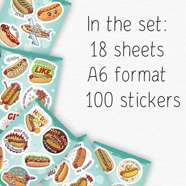 100Pcs Hot Dog Stickers Funny for Water Bottle - Hot Dog Party Decorations, Favors - Food Stickers - Gift for Women & Men