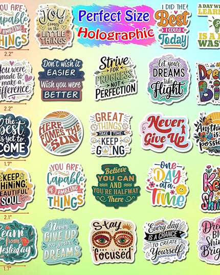 200PCS Holographic Quote Stickers, Motivational and Inspirational Vinyl Stickers with Positive Affirmations for Teens Adults Teachers, Waterproof Glitter Stickers for Water Bottles Laptop Scrapbook