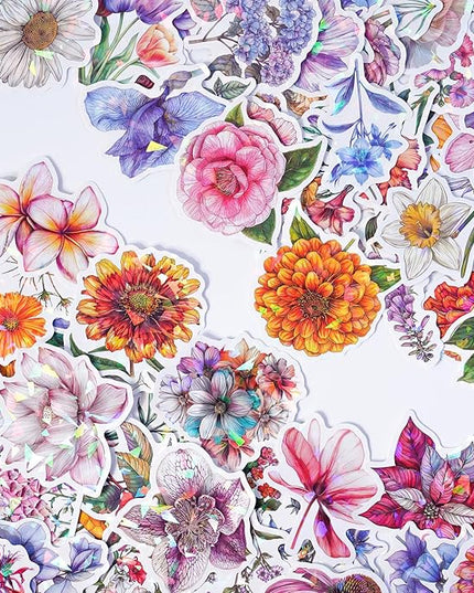100PCS Shiny Bohemian Holographic Stickers - Glittering Vinyl Decals for Water Bottles,Laptops,Journals Beautiful Flower Designs Featuring Roses,Sunflowers,Daisies and Lavender for Teens,Adults