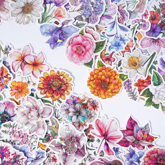 100PCS Shiny Bohemian Holographic Stickers - Glittering Vinyl Decals for Water Bottles,Laptops,Journals Beautiful Flower Designs Featuring Roses,Sunflowers,Daisies and Lavender for Teens,Adults