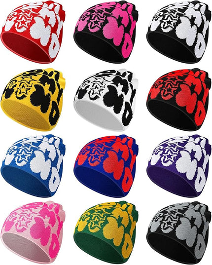 Toulite 12 Pieces Y2K Spider Web Beanie Gothic Graphic Beanies Outdoor Winter Warm Knitted Hat for Men Women