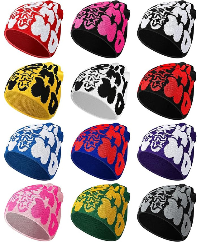 Toulite 12 Pieces Y2K Spider Web Beanie Gothic Graphic Beanies Outdoor Winter Warm Knitted Hat for Men Women