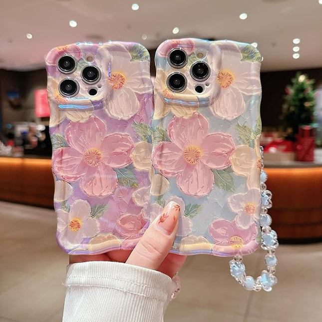 for iPhone 16 Plus Wavy Case, [Curly Protection Frame][Vintage Glossy Oil Painting Floral Print] with Lovely Bead Chain for Grils and Women (Pink)