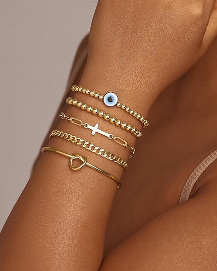 Gold Bracelets Set for Women Stack, Dainty Thick Bracelets Stack for Women Trendy, Simple Thin Gold Plated Cuff Stackable Bracelets With Beaded Cuban Paperclip Snake Rope Bangle Hand Chain Jewelry Gifts for Women Non Tainish