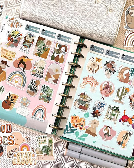 300 PCS Aesthetic Boho Stickers, Cute Vinyl Waterproof Stickers for Water Bottles Laptop Phone Journaling Scrapbook Junk Journal, Scrapbooking Supplies Kit, Sticker Packs for Adults Teens