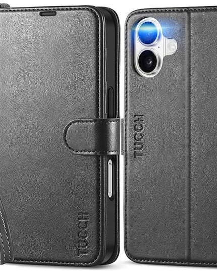 TUCCH Case Wallet for iPhone 16, [Wrist Strap] RFID Blocking 4 Card Slots Kickstand [Shockproof TPU Shell], PU Leather Magnetic Flip Cover Compatible with iPhone 16 5G 2024, Black with Wristlet