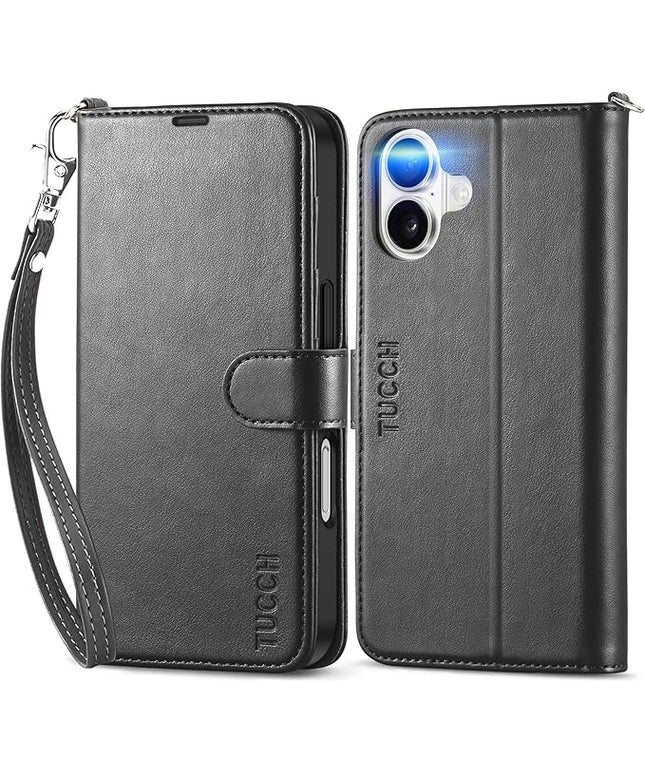 TUCCH Case Wallet for iPhone 16, [Wrist Strap] RFID Blocking 4 Card Slots Kickstand [Shockproof TPU Shell], PU Leather Magnetic Flip Cover Compatible with iPhone 16 5G 2024, Black with Wristlet