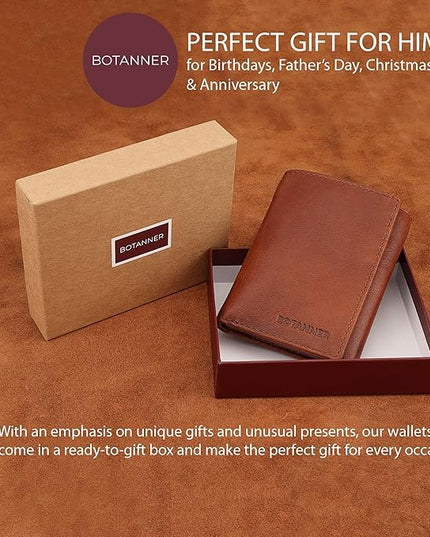 BOTANNER Genuine Leather Mens Trifold Wallet RFID Blocking with 6 Credit Card Slots 1 ID Window Section for Bills 2 Hidden Pockets | Tan