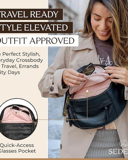 Anti Pickpocket Crossbody Bag – Large Vegan Black Leather Sling Bag with RFID & Glasses Pockets, Anti Theft Design, Multiple Compartments, Chain Detail Travel Crossbody Bag for Women