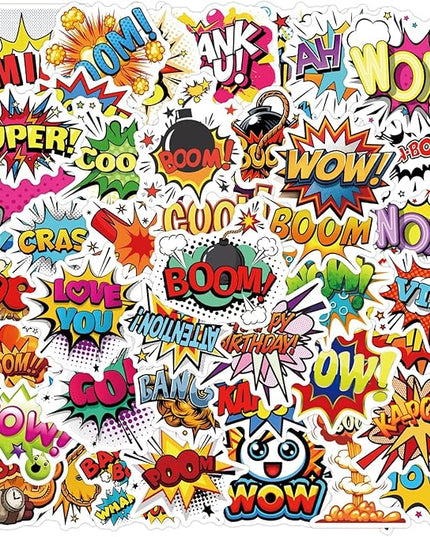 105PCS Comic Pop Art Stickers – Waterproof Vinyl Decals with Bold Words Like Wow, Pow, Boom – Great for Journals, Laptops, Gift Wrap, Water Bottles