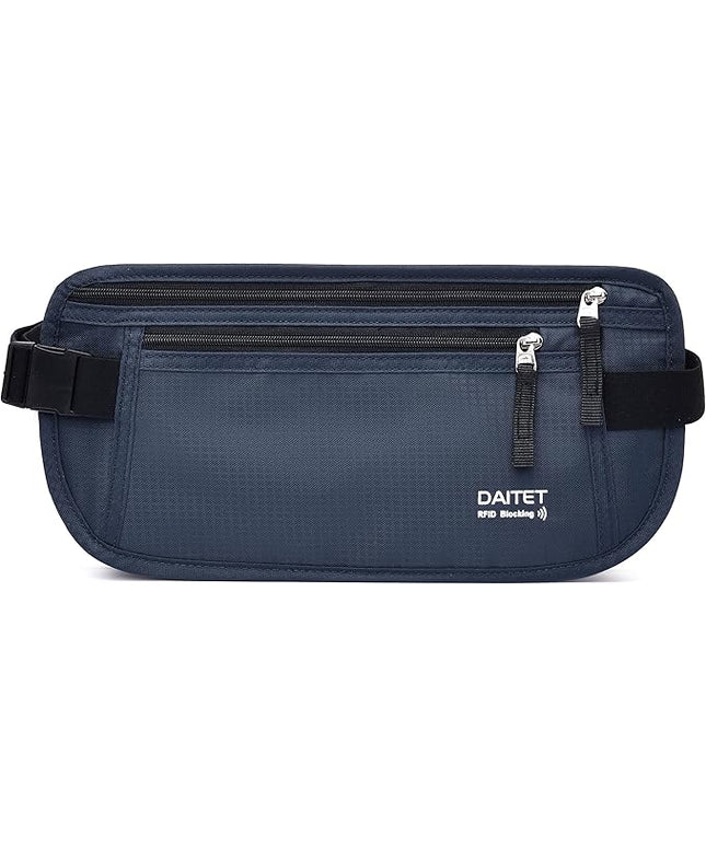 RFID Blocking Money Belt for Men Women, Slim Fanny Pack For Travel，Running,Conceal Waist Wallet For Passport Holder,Phone,Cash(Dark Blue)