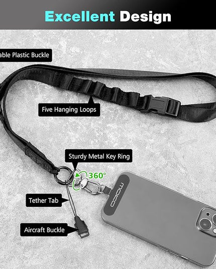 MoKo Universal Phone Lanyard, Nylon Adjustable Cell Phone Crossbody Strap Detachable Women & Men Cellphone Lanyards Around the Neck with Patches for iPhone, Most Smartphones, Black