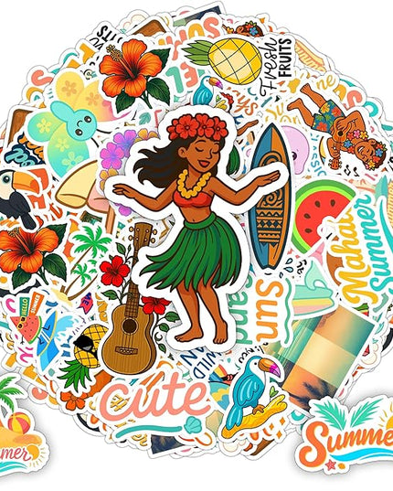 100 PCS Hawaii Travel Stickers Pack, Tropical Beach Vinyl Waterproof Decals with Palm Trees Ocean Summer Culture, Sticker Laptop Water Bottle Car Luggage Gift for Birthday