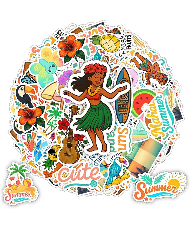 100 PCS Hawaii Travel Stickers Pack, Tropical Beach Vinyl Waterproof Decals with Palm Trees Ocean Summer Culture, Sticker Laptop Water Bottle Car Luggage Gift for Birthday
