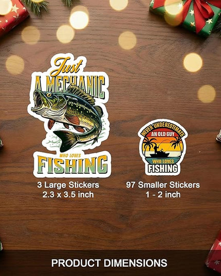 Fishing Stickers Pack 100 PCS Funny Fish Sticker Waterproof Vinyl for Water Bottles, Scrapbook, Tackle Box, Gift for Men, Son, Adult, Teen Car Birthday Gifts Decal