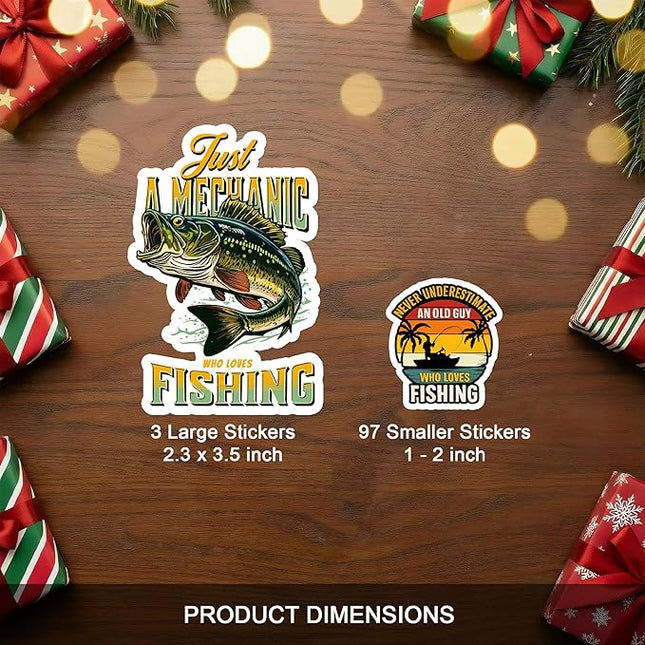 Fishing Stickers Pack 100 PCS Funny Fish Sticker Waterproof Vinyl for Water Bottles, Scrapbook, Tackle Box, Gift for Men, Son, Adult, Teen Car Birthday Gifts Decal