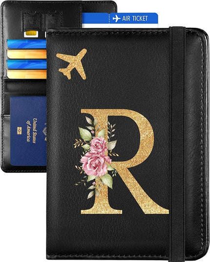 Slohif Initial Passport Holder Cover Wallet Case for Travel Women - Leather Letter Passport Book Family Multiple Personalized Organizer Slim Carrier Card Slots Protector Sleeve Essentials Black R