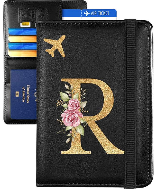 Slohif Initial Passport Holder Cover Wallet Case for Travel Women - Leather Letter Passport Book Family Multiple Personalized Organizer Slim Carrier Card Slots Protector Sleeve Essentials Black R