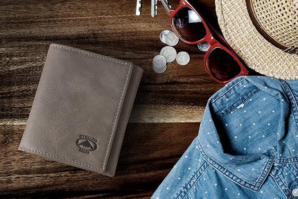 Stealth Mode Trifold Wallet - RFID Blocking Wallet with Flip ID Holder - Leather Case for Money, Credit Cards - Mens Organizer, Divided Billfold, Identity Protection - Men's Gifts (Grey)