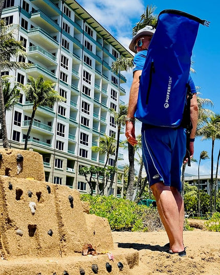 PUFFERFISH Super Sand Bag - Waterproof Roll-Top Beach Backpack, Padded Back and Straps, Multiple Pockets, Recycled Plastic, 35L, Blue