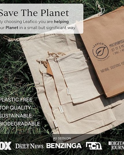 LEAFICO Cotton Storage Bags – X-Large 14x17 Inch (6-Pack) – Reusable Muslin Bags with Drawstrings – Biodegradable Canvas Fabric Sacks – Perfect for Bread, Bulk Produce, Potatoes, Onions, Shoes